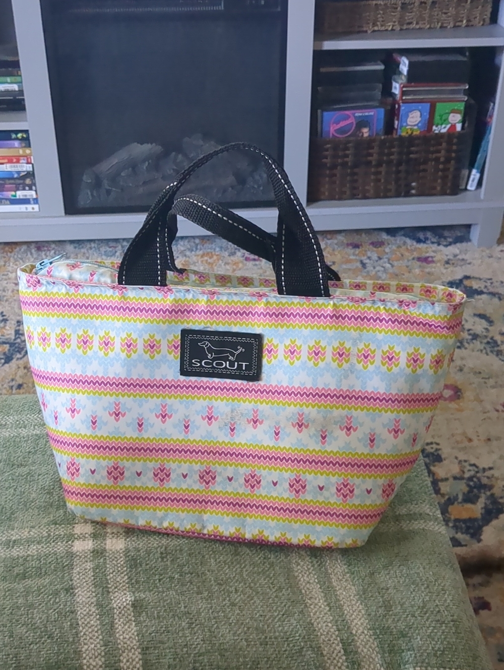 Scout Pink and Yellow Patterned Nooner Tote with Black Handles